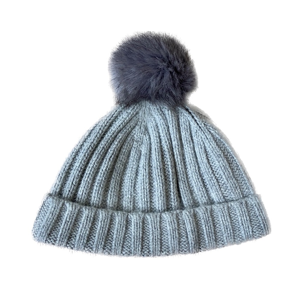 J. Crew Gray Wool Blend Ribbed Beanie with Faux Fur Pom Pom